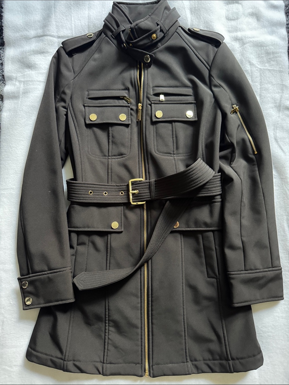 Micheal Kors Black Military-Style Belted Coat